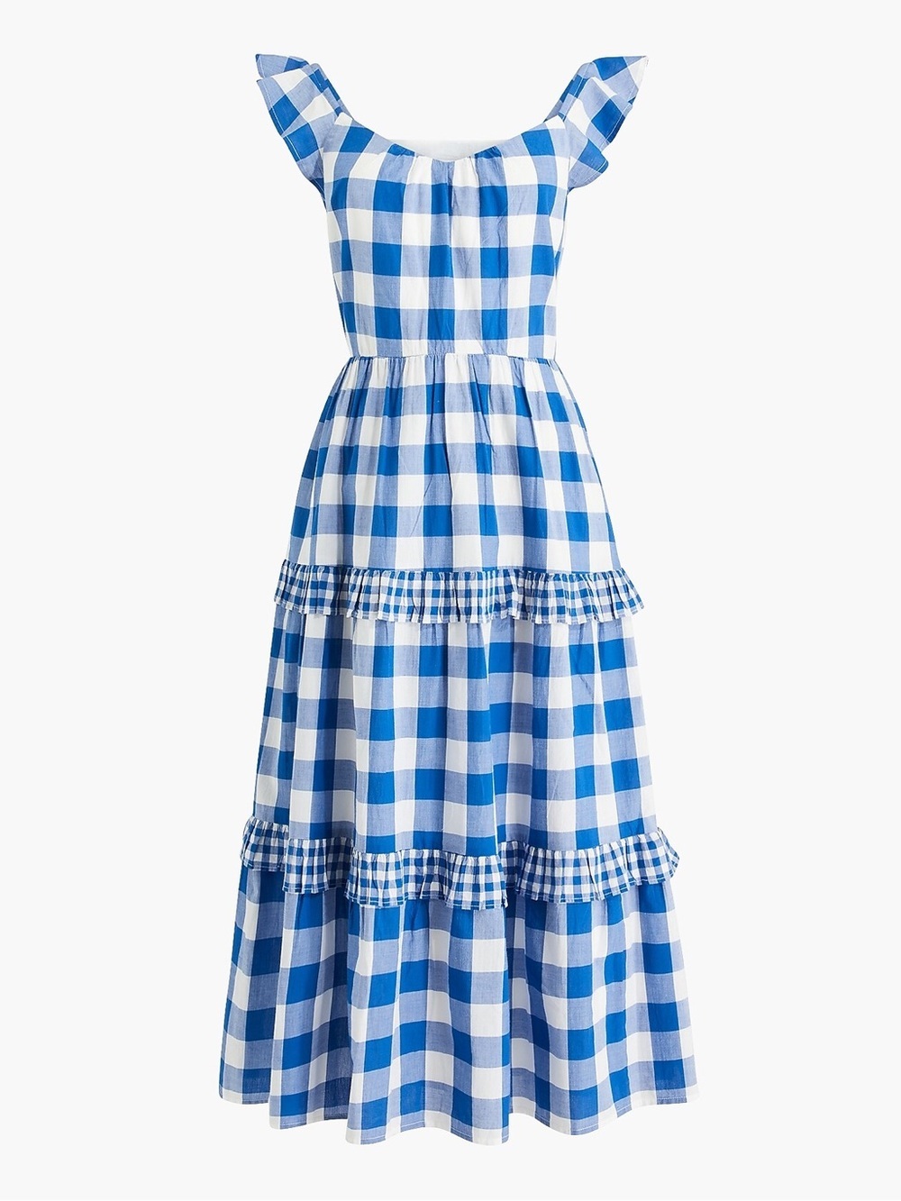 J.Crew Flutter-Sleeve Ruffle-Tiered Midi Dress Gingham Blue & White Womens S